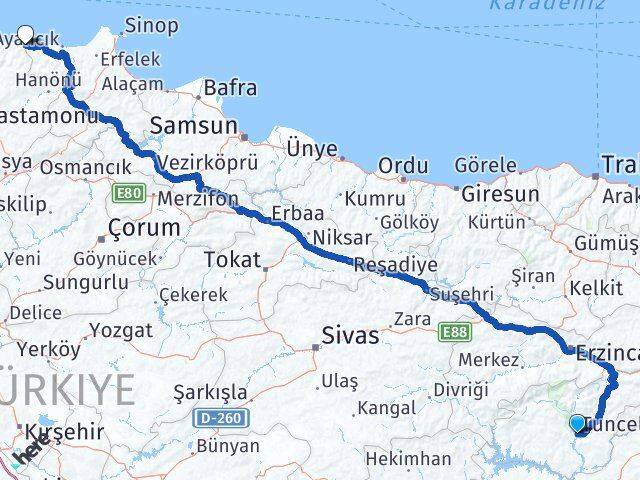 Tunceli Çatalzeytin Kastamonu Arası Kaç Km - Yol Haritası