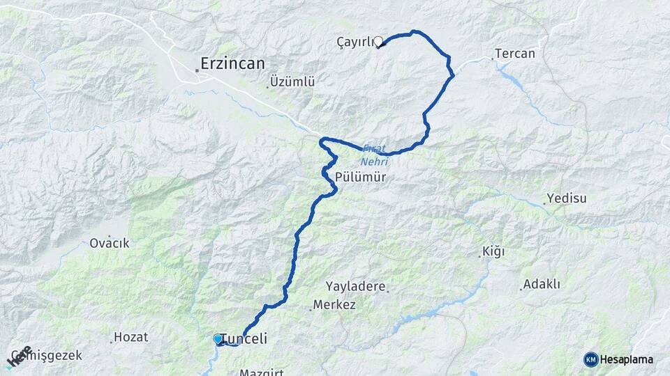 Tunceli Çayırlı Erzincan Arası Kaç Km - Yol Haritası