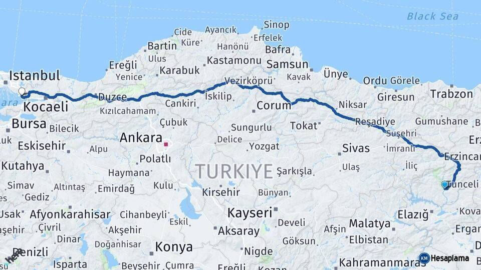 Tunceli Çayırova Kocaeli Arası Kaç Km - Yol Haritası