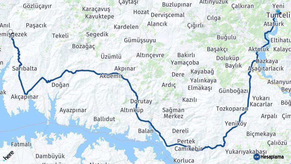 Tunceli Çemişgezek Arası Kaç Km - Yol Haritası