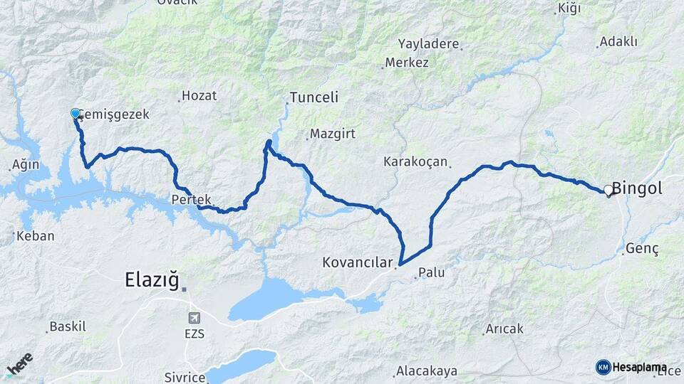 Tunceli Çemişgezek Bingöl Arası Kaç Km - Yol Haritası
