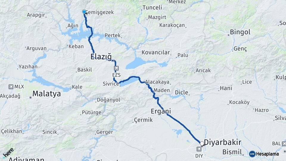 Tunceli Çemişgezek Diyarbakır Arası Kaç Km - Yol Haritası
