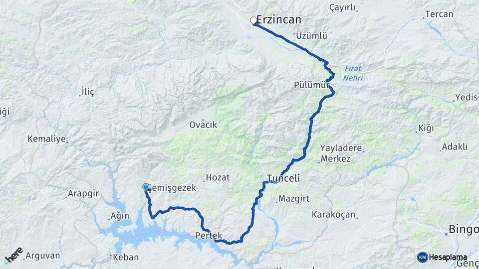 Tunceli Çemişgezek Erzincan Arası Kaç Km - Yol Haritası