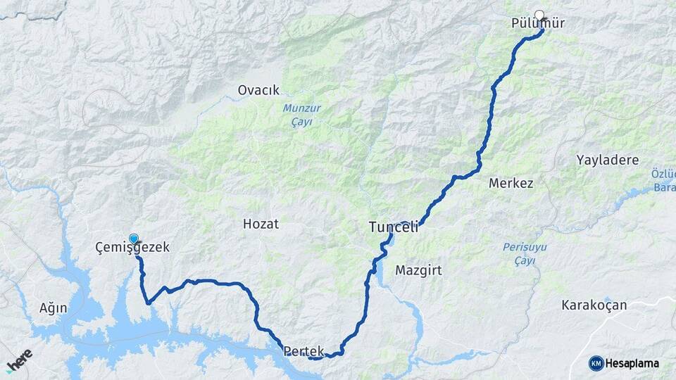 Tunceli Çemişgezek Pülümür Arası Kaç Km - Yol Haritası