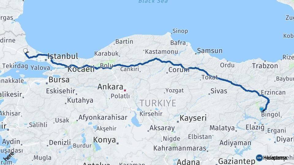 Tunceli Çerkezköy Tekirdağ Arası Kaç Km - Yol Haritası