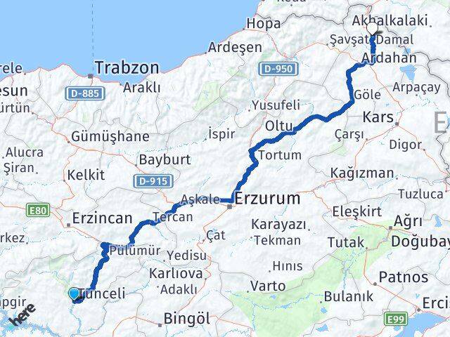Tunceli Damal Ardahan Arası Kaç Km - Yol Haritası