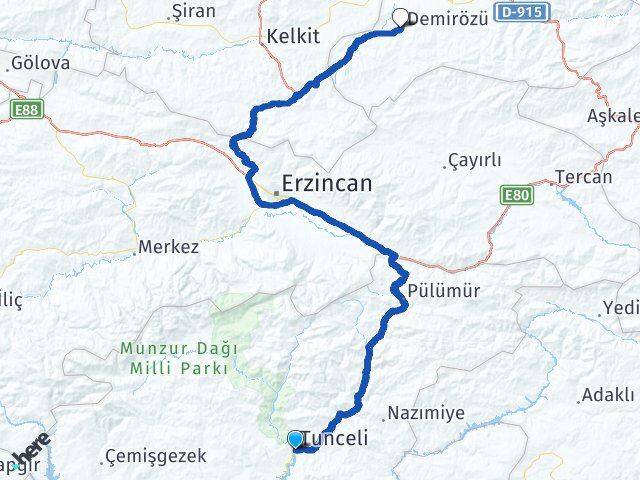 Tunceli Demirözü Bayburt Arası Kaç Km - Yol Haritası