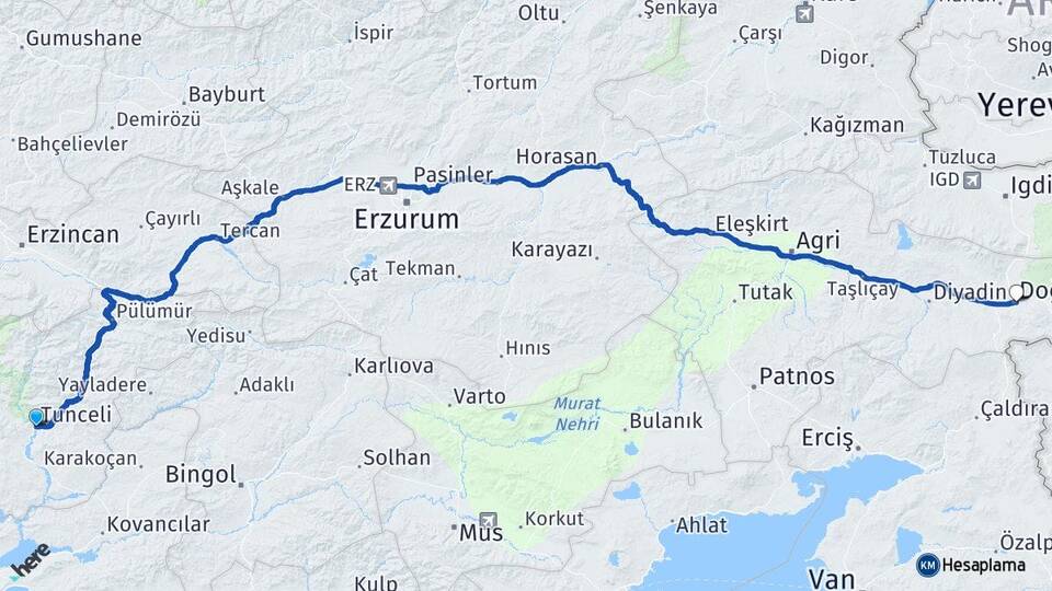 Tunceli Doğubayazıt Ağrı Arası Kaç Km - Yol Haritası
