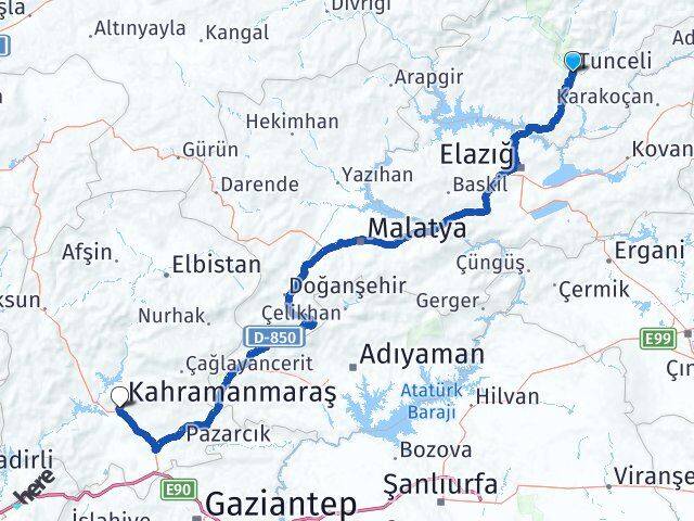 Tunceli Dulkadiroğlu Kahramanmaraş Arası Kaç Km - Yol Haritası