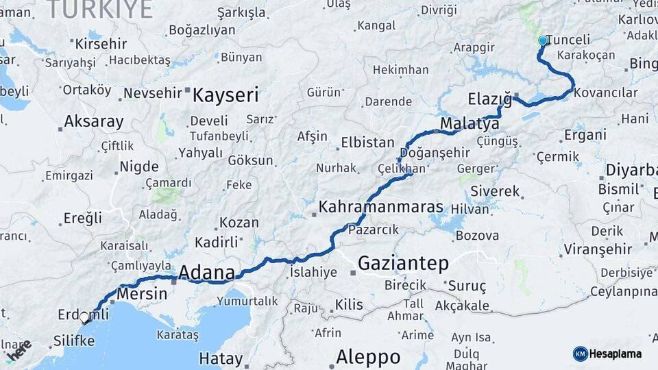 Tunceli Erdemli Mersin Arası Kaç Km - Yol Haritası