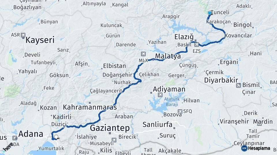 Tunceli Erzin Hatay Arası Kaç Km - Yol Haritası