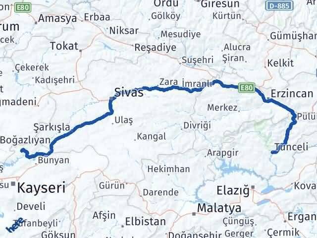 Tunceli Felahiye Kayseri Arası Kaç Km - Yol Haritası