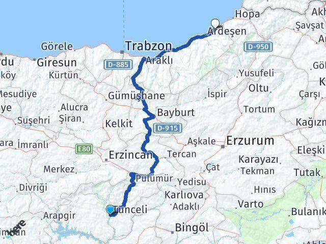 Tunceli Fındıklı Rize Arası Kaç Km - Yol Haritası