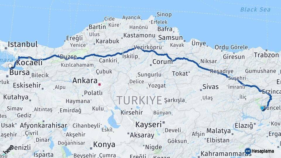 Tunceli Gemlik Bursa Arası Kaç Km - Yol Haritası