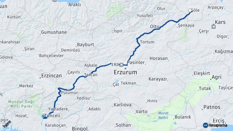 Tunceli Göle Ardahan Arası Kaç Km - Yol Haritası