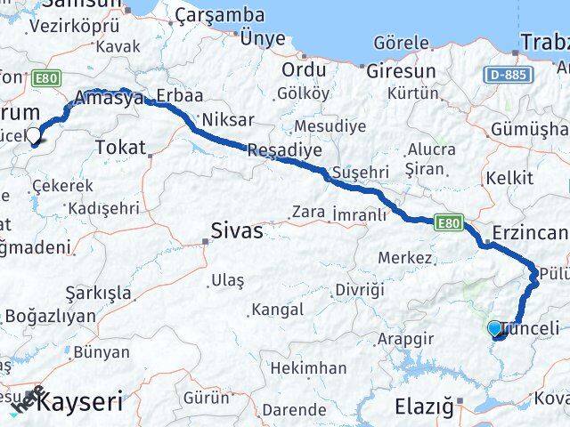 Tunceli Göynücek Amasya Arası Kaç Km - Yol Haritası