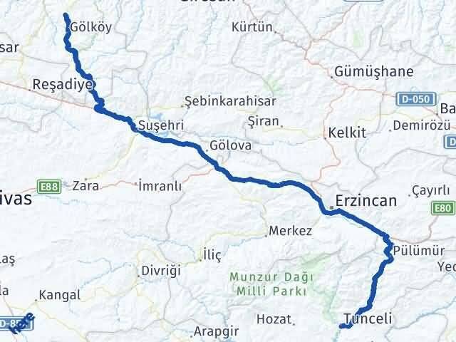 Tunceli Gürgentepe Ordu Arası Kaç Km - Yol Haritası