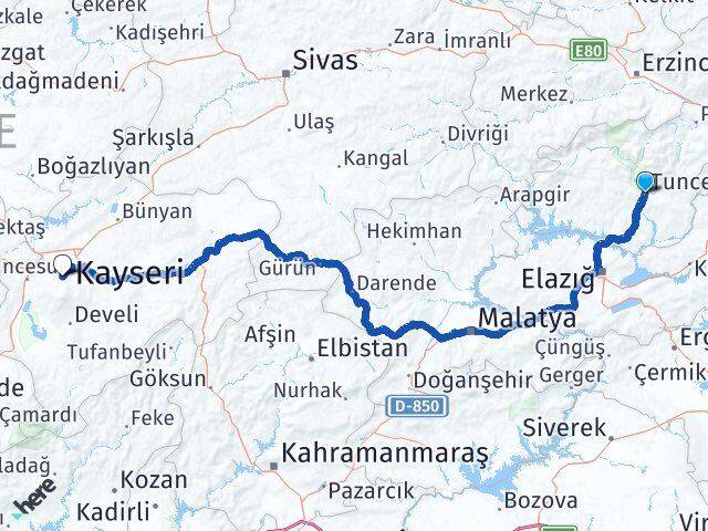 Tunceli Hacılar Kayseri Arası Kaç Km - Yol Haritası
