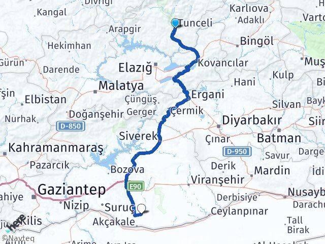 Tunceli Harran Şanlıurfa Arası Kaç Km - Yol Haritası