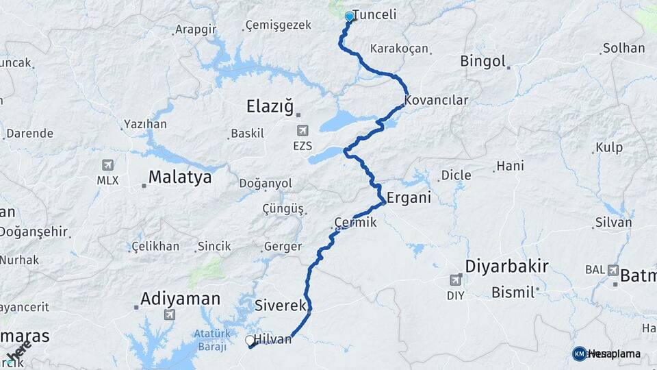 Tunceli Hilvan Şanlıurfa Arası Kaç Km - Yol Haritası