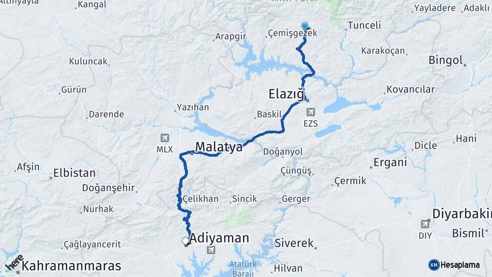 Tunceli Hozat Adıyaman Arası Kaç Km - Yol Haritası