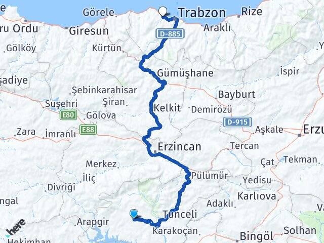 Tunceli Hozat Akçaabat Trabzon Arası Kaç Km - Yol Haritası