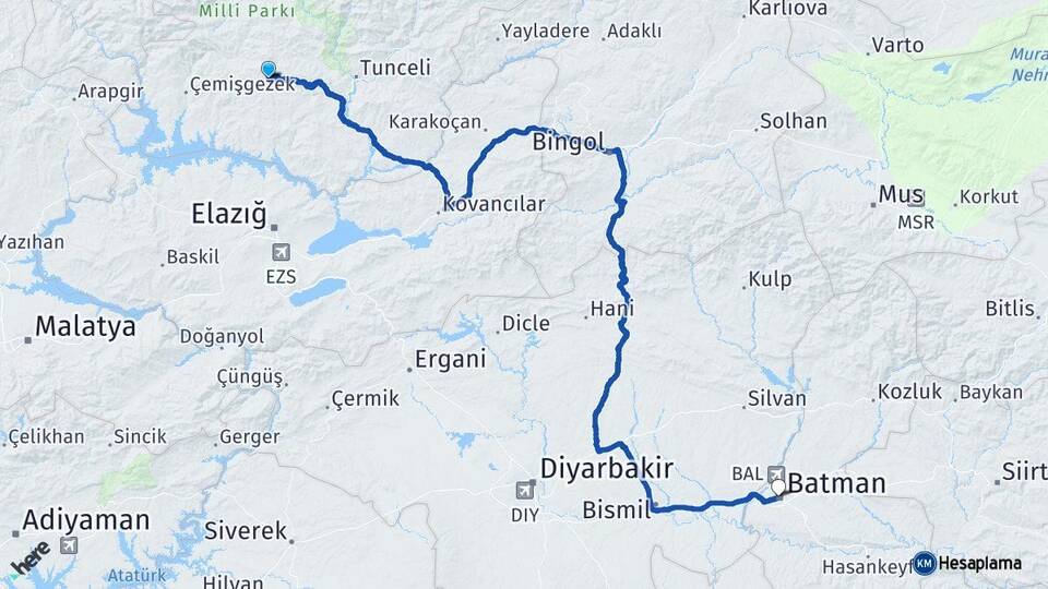 Tunceli Hozat Batman Arası Kaç Km - Yol Haritası