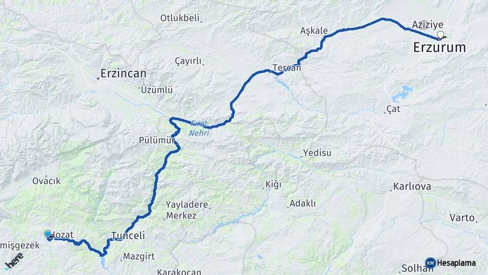 Tunceli Hozat Erzurum Arası Kaç Km - Yol Haritası