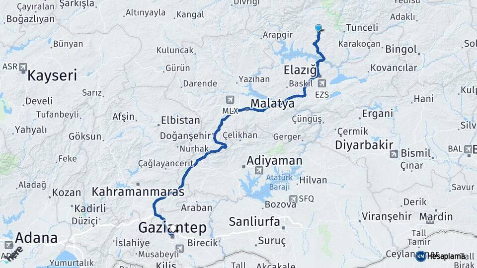 Tunceli Hozat Gaziantep Arası Kaç Km - Yol Haritası