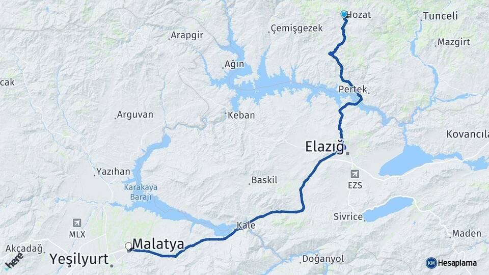 Tunceli Hozat Malatya Arası Kaç Km - Yol Haritası