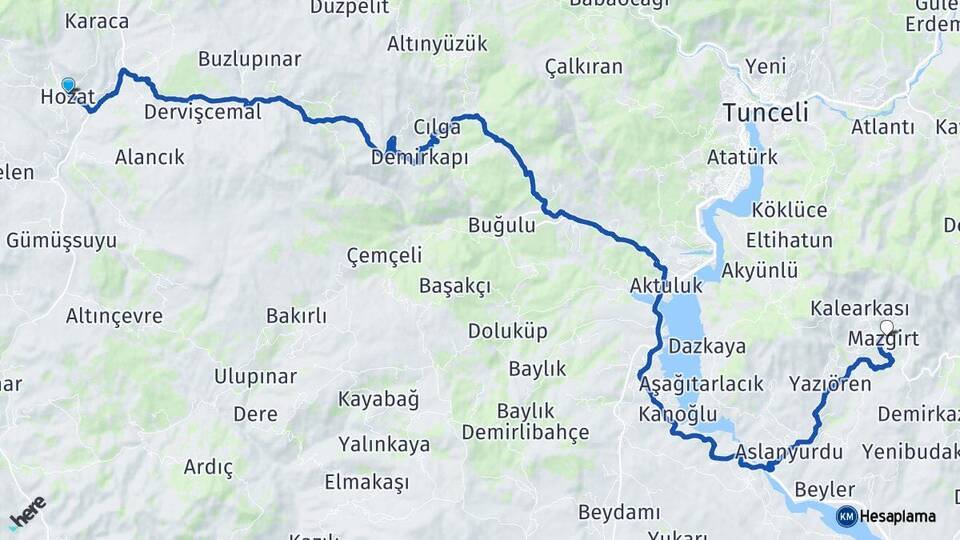 Tunceli Hozat Mazgirt Arası Kaç Km - Yol Haritası