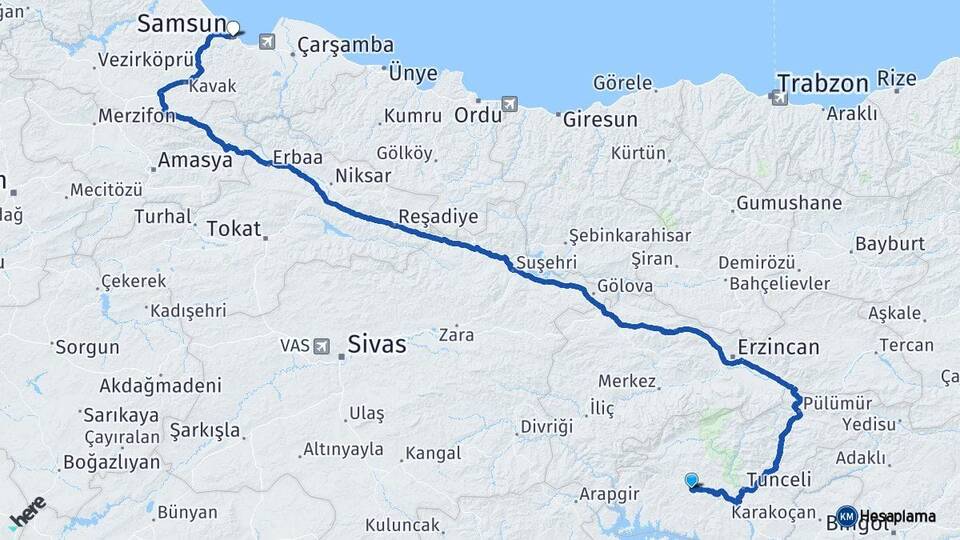 Tunceli Hozat Samsun Arası Kaç Km - Yol Haritası
