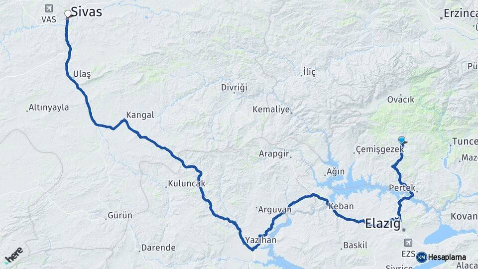 Tunceli Hozat Sivas Arası Kaç Km - Yol Haritası