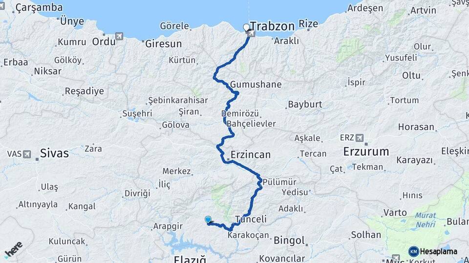 Tunceli Hozat Trabzon Arası Kaç Km - Yol Haritası