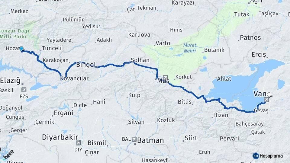 Tunceli Hozat Van Arası Kaç Km - Yol Haritası