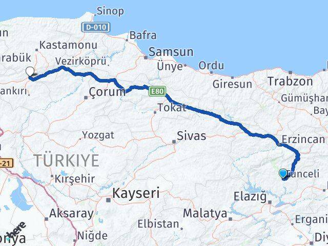 Tunceli Ilgaz Çankırı Arası Kaç Km - Yol Haritası