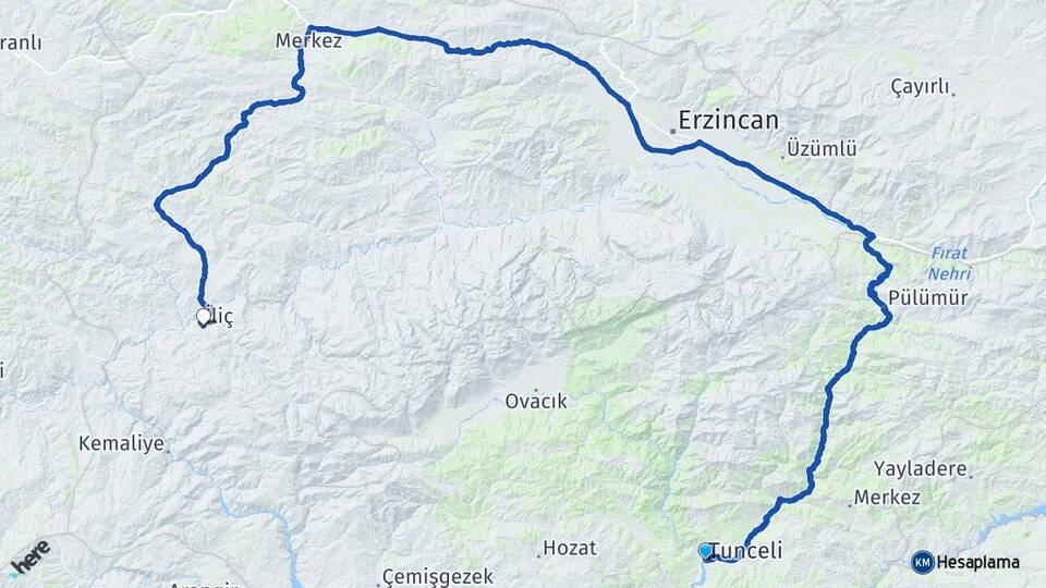 Tunceli İliç Erzincan Arası Kaç Km - Yol Haritası