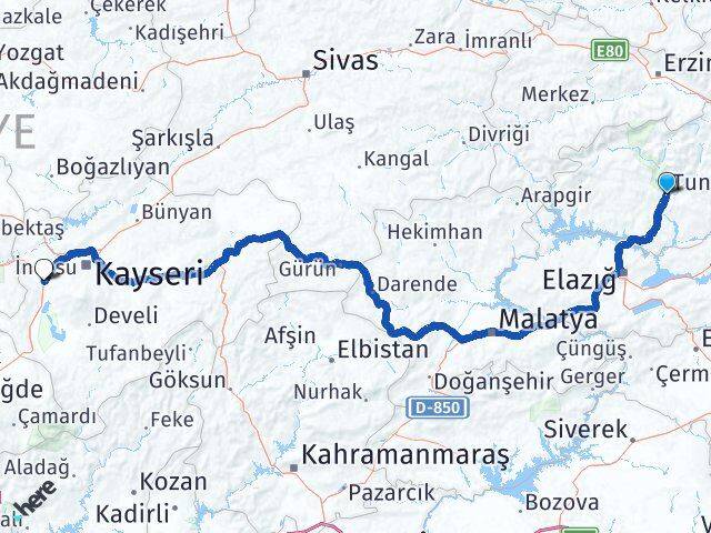 Tunceli İncesu Kayseri Arası Kaç Km - Yol Haritası