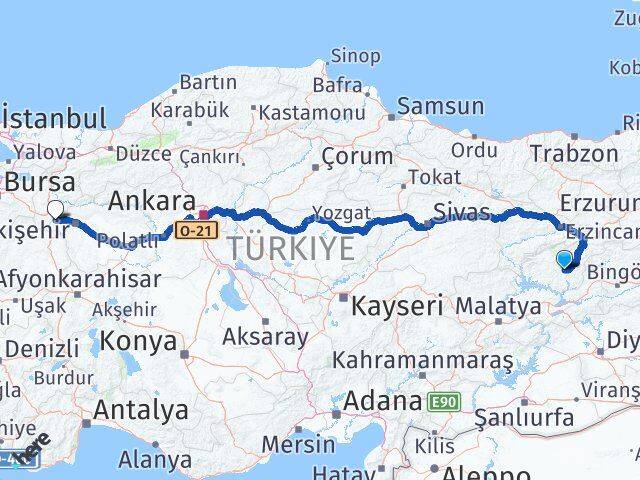 Tunceli İnönü Eskişehir Arası Kaç Km - Yol Haritası