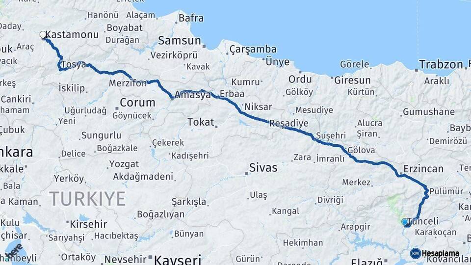 Tunceli Kastamonu Arası Kaç Km - Yol Haritası