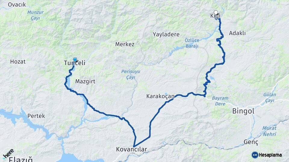 Tunceli Kiğı Bingöl Arası Kaç Km - Yol Haritası