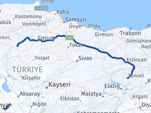 Tunceli Kızılırmak Çankırı Arası Kaç Km - Yol Haritası