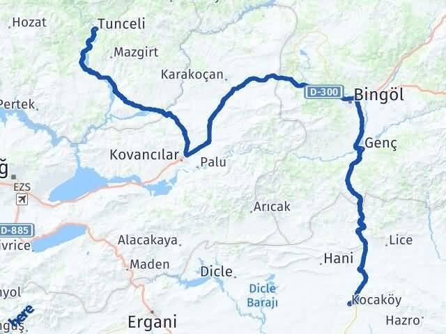 Tunceli Kocaköy Diyarbakır Arası Kaç Km - Yol Haritası