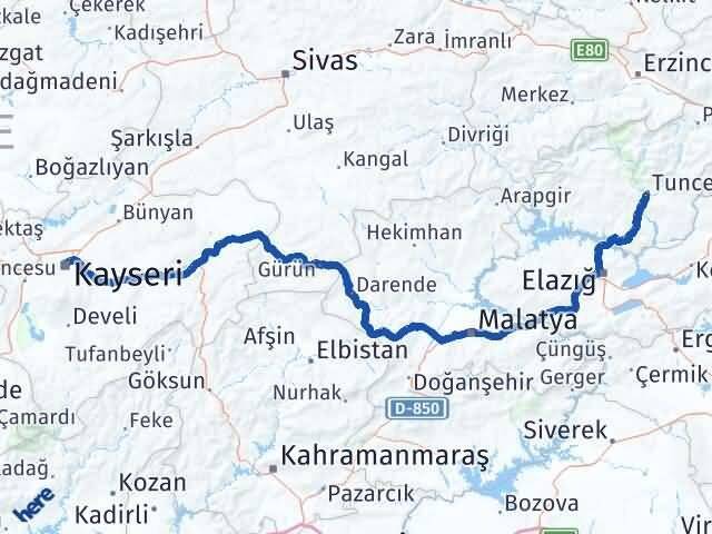 Tunceli Kocasinan Kayseri Arası Kaç Km - Yol Haritası
