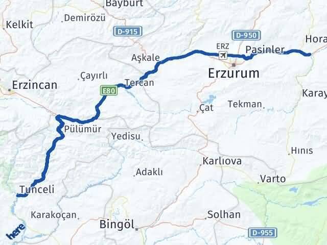 Tunceli Köprüköy Erzurum Arası Kaç Km - Yol Haritası