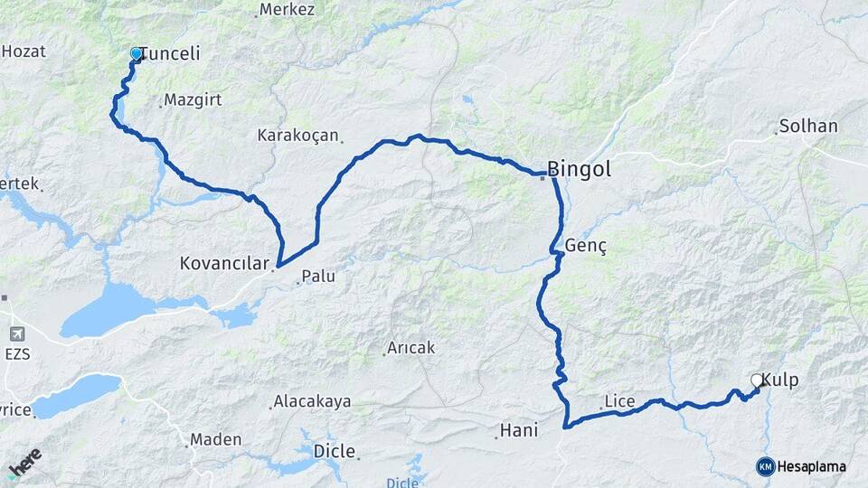 Tunceli Kulp Diyarbakır Arası Kaç Km - Yol Haritası