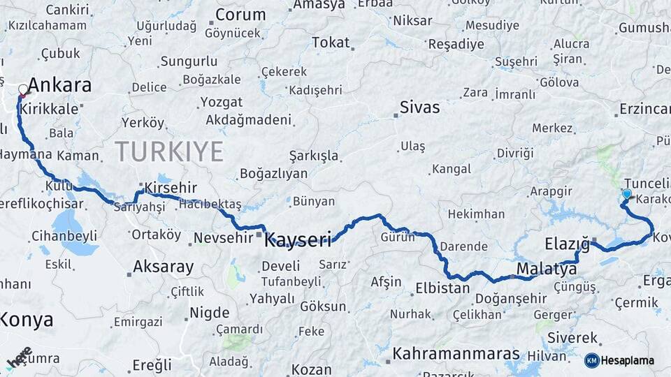 Tunceli Mazgirt Ankara Arası Kaç Km - Yol Haritası