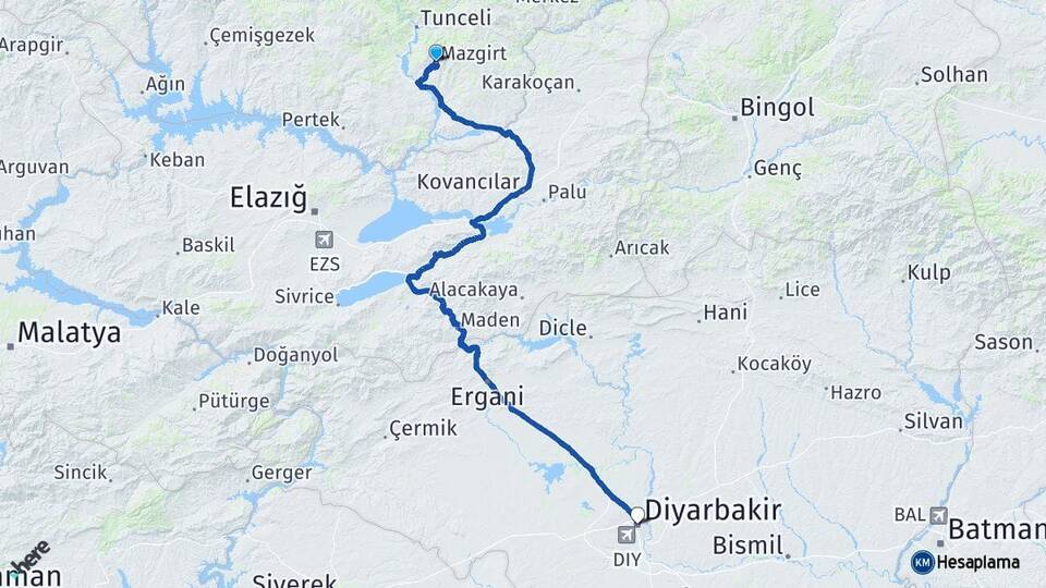 Tunceli Mazgirt Diyarbakır Arası Kaç Km - Yol Haritası
