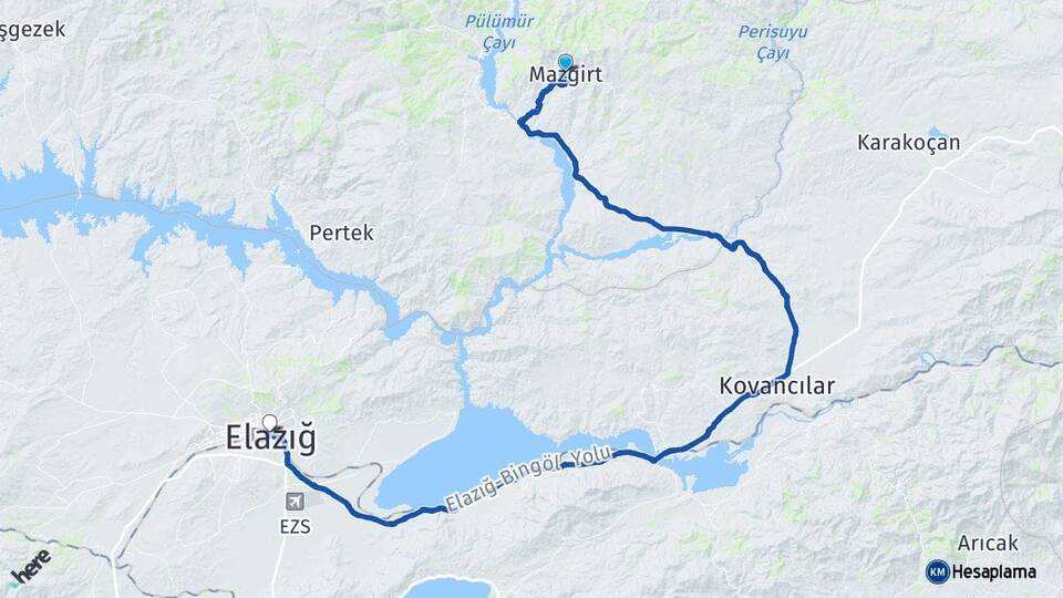 Tunceli Mazgirt Elazığ Arası Kaç Km - Yol Haritası