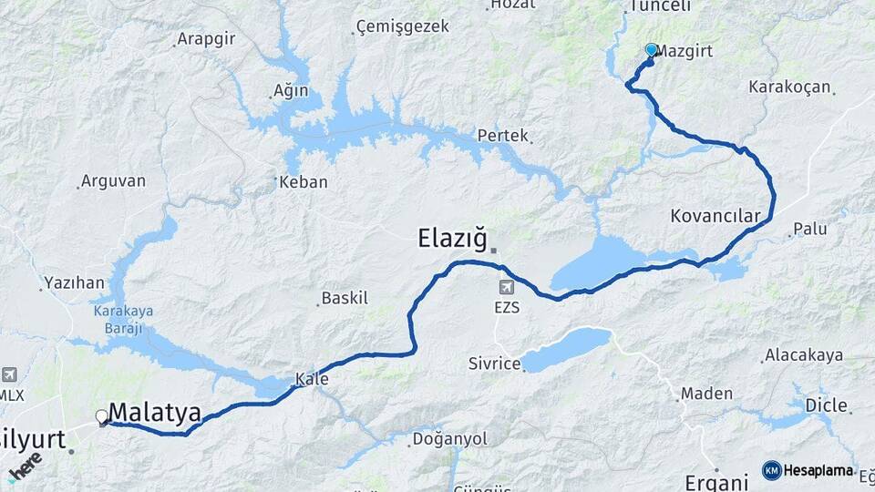 Tunceli Mazgirt Malatya Arası Kaç Km - Yol Haritası